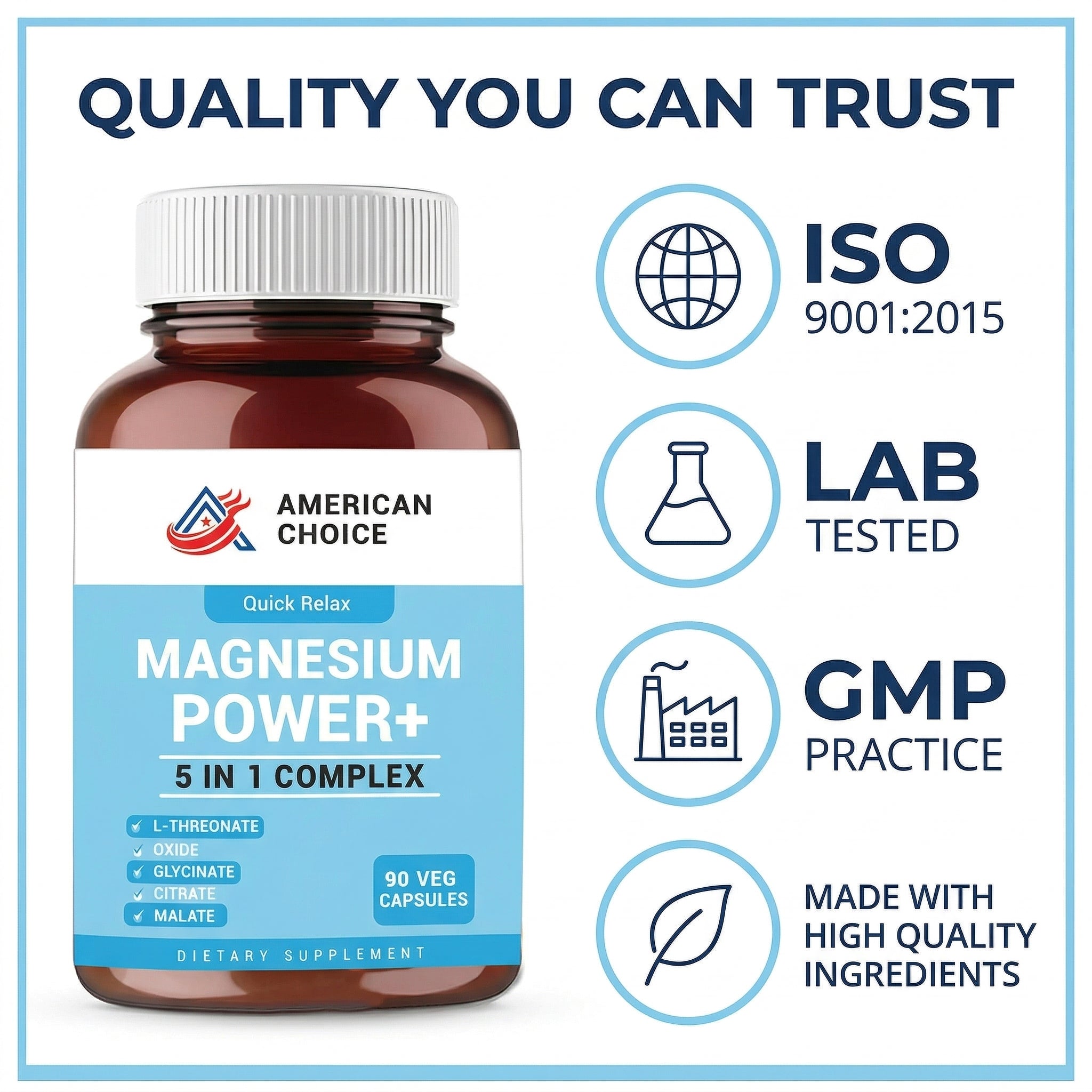Magnesium L-Threonate Complex for Men & Women 200mg Elemental — 5-in-1 with Glycinate, Citrate, Malate & Oxide — Brain, Memory, Sleep & Muscle Recovery Support — 90 Veggie Capsules