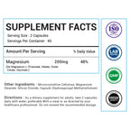 A supplement facts label panel with text for a magnesium supplement. It shows serving size 2 capsules, 45 servings per container, 200mg magnesium, 48% daily value, other ingredients, directions, and certification logos including ISO, LAB Tested, GMP, and High Quality.