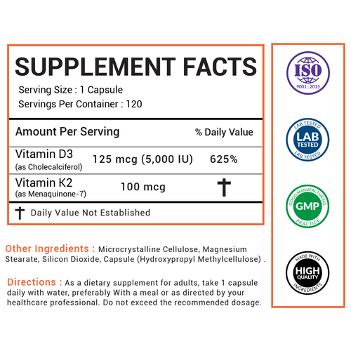 Vitamin D3 5000 IU + K2 (MK-7) 100 mcg – Bone, Heart & Immune Support – 120 Capsules