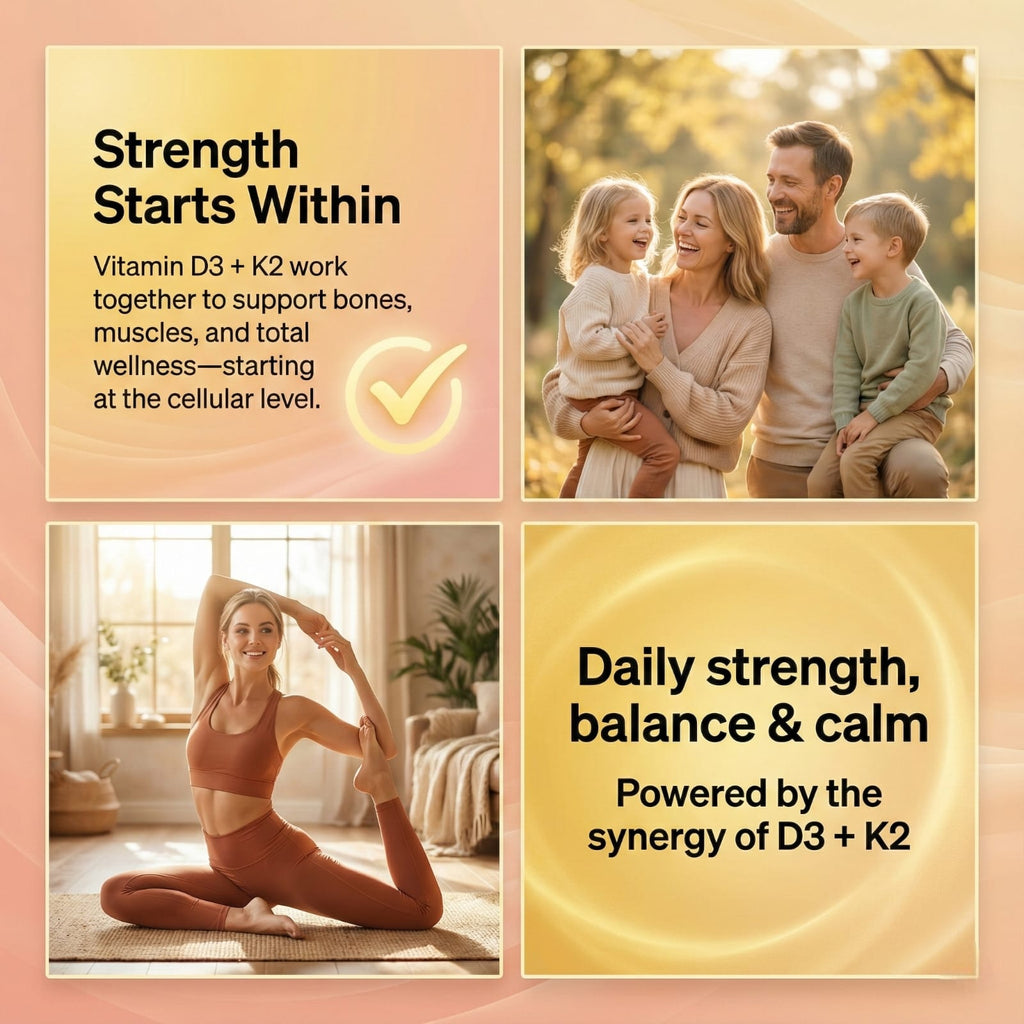 Promotional graphic for Vitamin D3 + K2 with family and yoga poses on a warm-toned background.