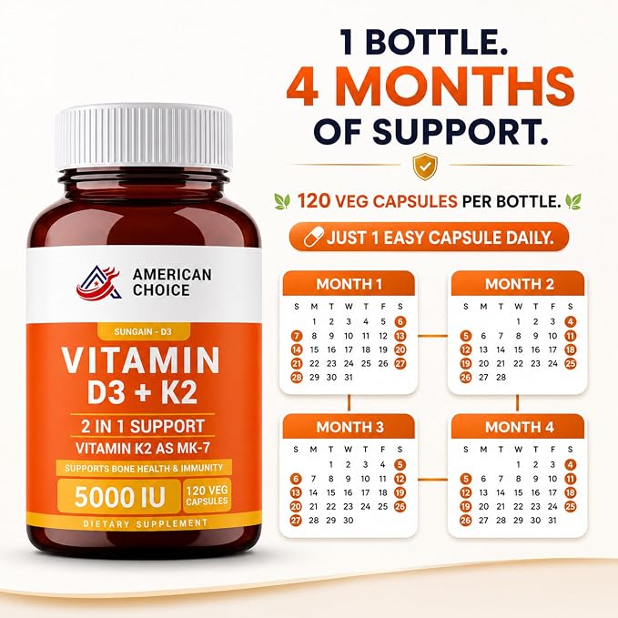American Choice Vitamin D3 + K2 supplement bottle with a white cap, shown next to marketing text and four monthly calendar graphics on a light beige background.