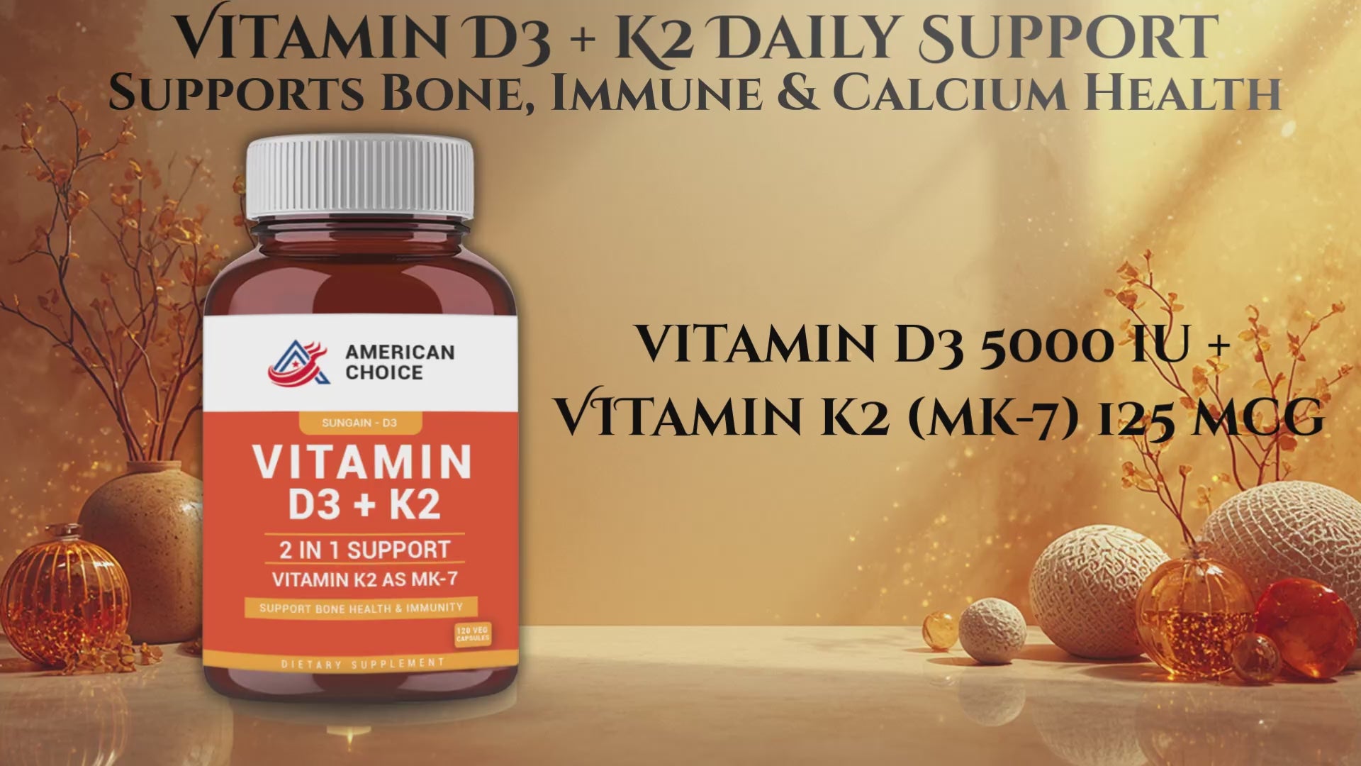 Front view of American Choice Vitamin D3 + K2 5000 IU supplement bottle with premium dietary supplement formula for daily bone and immune support.